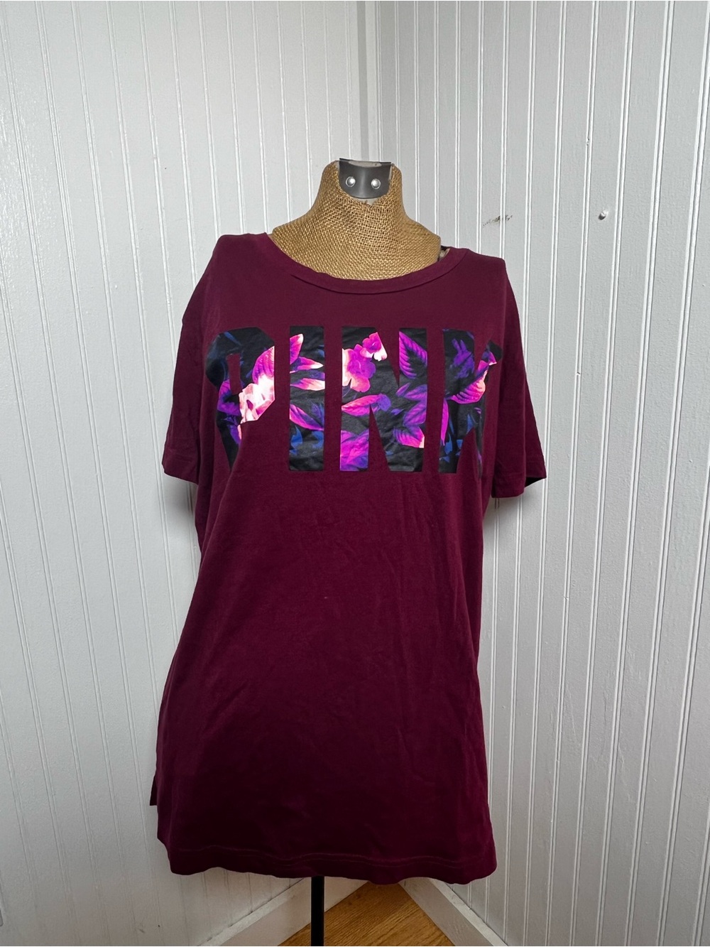 PINK Victoria's Secret Burgundy Short-Sleeve Floral Logo Tee